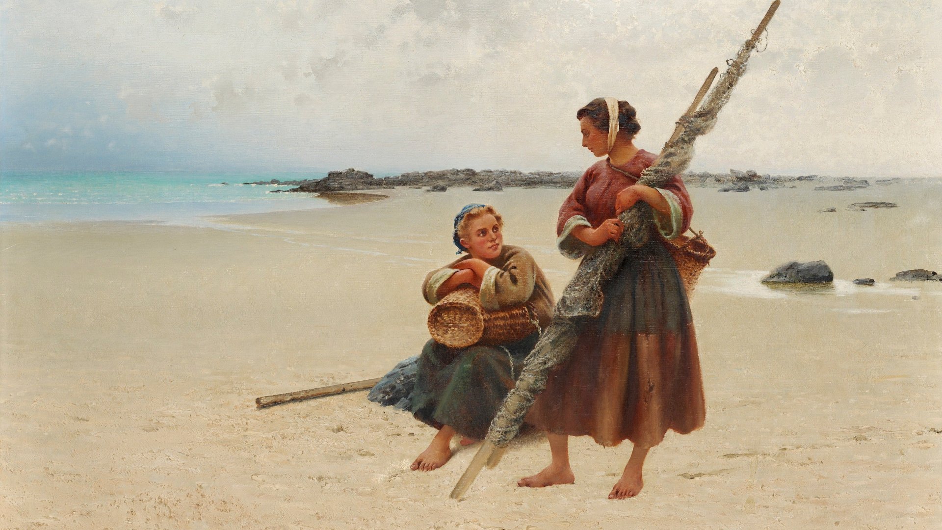 Artistic painting of two women on a beach, one seated and the other standing with a large rope, rendered in soft tones for an HD PC desktop wallpaper.