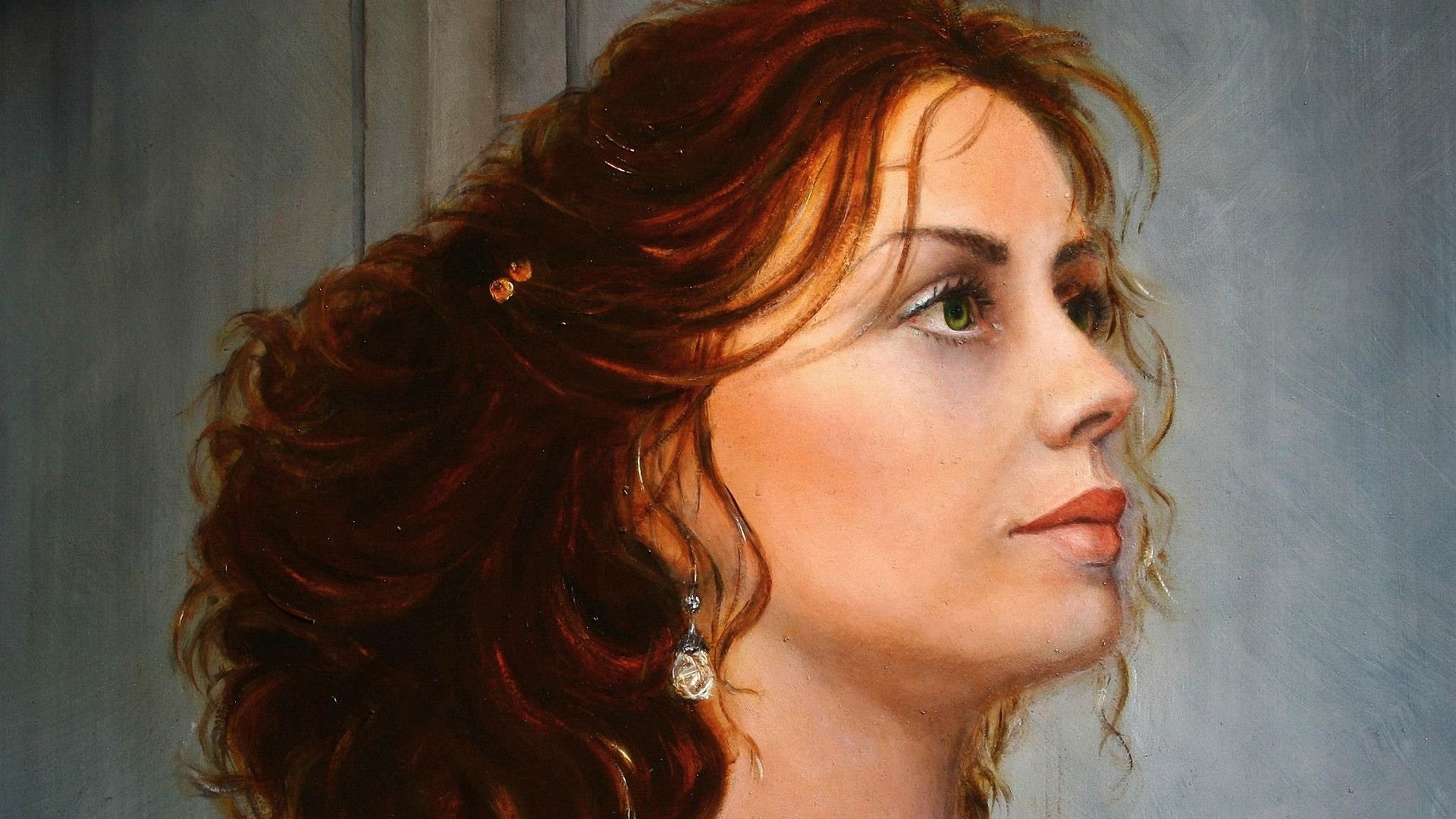 HD artistic painting of a woman's portrait with flowing auburn hair, soft lighting, and a serene expression, designed as a PC desktop wallpaper and background.