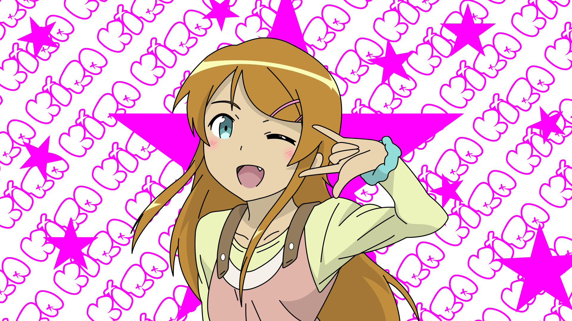 Kirino Kousaka from Oreimo winking and flashing a peace sign against a pink star pattern — anime HD PC desktop wallpaper/background.