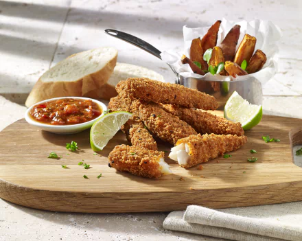 A delicious meal featuring crispy fish sticks served with a tangy sauce, lime wedges, and a side of potato wedges, accompanied by a rustic loaf of bread on a wooden cutting board.