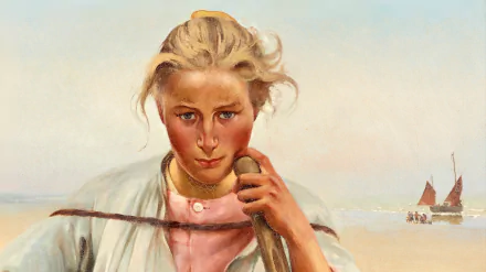 Artistic painting of a windswept young woman holding a rope on a pastel seashore, rendered in HD as a PC desktop wallpaper/background.