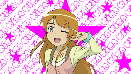 Kirino Kousaka from Oreimo winking and flashing a peace sign against a pink star pattern — anime HD PC desktop wallpaper/background.