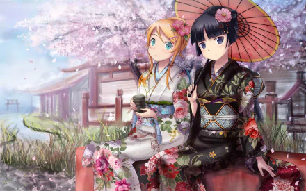 Kirino Kousaka and Ruri Gokō from the anime Oreimo are depicted in traditional kimonos, sitting together under cherry blossoms, set against a serene background.