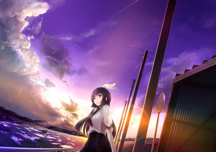 Anime original HD PC desktop wallpaper featuring a girl with long dark hair standing by a seaside at sunset, with vibrant purple and orange skies.