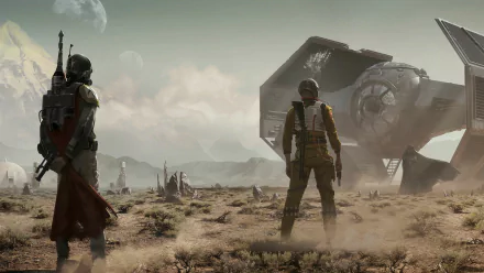 A striking HD desktop wallpaper featuring Darth Vader in a sci-fi setting, with iconic vehicles and a dramatic landscape, capturing the essence of Star Wars.