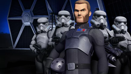 HD desktop wallpaper featuring Agent Kallus and clone troopers from the TV show Star Wars Rebels in a dark, futuristic setting.