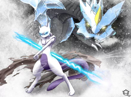 HD desktop wallpaper featuring Kyurem and Mewtwo, popular Pokémon from the anime series, in an intense and dynamic snowy landscape.