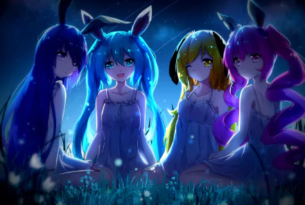 Four anime characters with bunny ears sit together in a serene night setting, illuminated by soft light. This HD PC desktop wallpaper features vibrant colors and an original design.