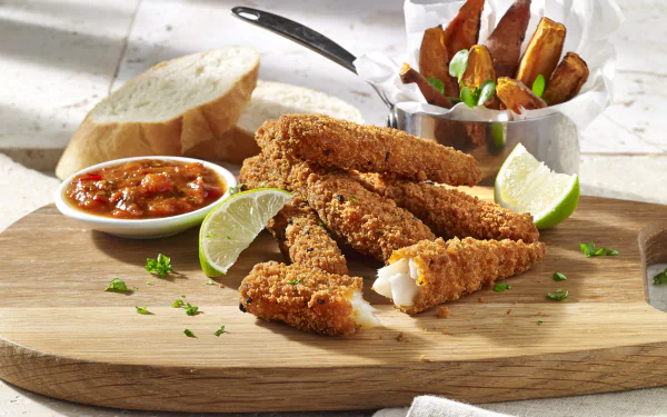A delicious meal featuring crispy fish sticks served with a tangy sauce, lime wedges, and a side of potato wedges, accompanied by a rustic loaf of bread on a wooden cutting board.