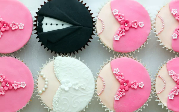 Colorful cupcakes feature bright pink and white designs, celebrating a bride and groom theme. This HD wallpaper showcases delightful, festive sweets for any occasion.