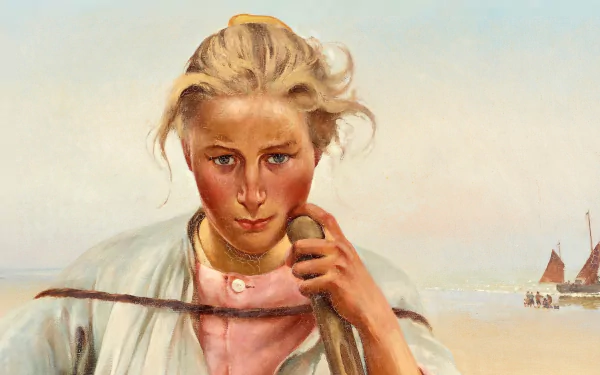 Artistic painting of a windswept young woman holding a rope on a pastel seashore, rendered in HD as a PC desktop wallpaper/background.