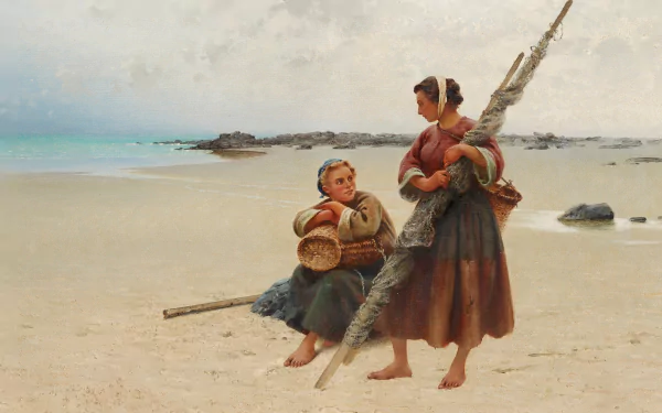 Artistic painting of two women on a beach, one seated and the other standing with a large rope, rendered in soft tones for an HD PC desktop wallpaper.