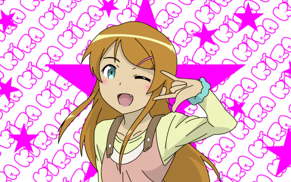 Kirino Kousaka from Oreimo winking and flashing a peace sign against a pink star pattern — anime HD PC desktop wallpaper/background.