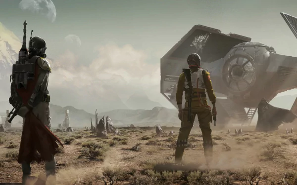 A striking HD desktop wallpaper featuring Darth Vader in a sci-fi setting, with iconic vehicles and a dramatic landscape, capturing the essence of Star Wars.