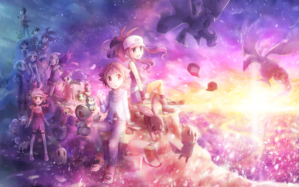A vibrant anime scene featuring characters from Pokémon, set against a cosmic background. The artwork captures a journey through a colorful, starry landscape.
