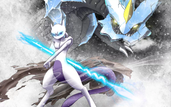 HD desktop wallpaper featuring Kyurem and Mewtwo, popular Pokémon from the anime series, in an intense and dynamic snowy landscape.
