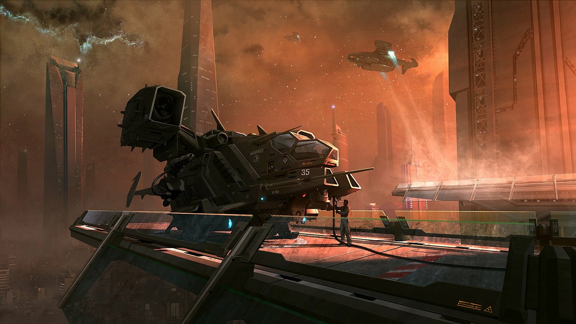HD sci-fi desktop wallpaper featuring a detailed spaceship docked in a futuristic cityscape with towering structures and flying crafts under a moody sky.