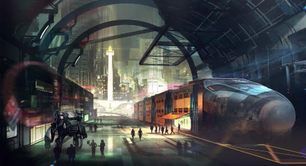 HD sci-fi cityscape featuring a futuristic train station with advanced technology, towering structures, and a robotic figure under an arched ceiling in a vibrant urban setting.