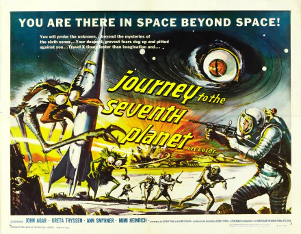 Retro sci‑fi movie poster Journey to the Seventh Planet showing astronauts, rocket, a giant alien eye and strange creatures — HD PC desktop wallpaper/background.