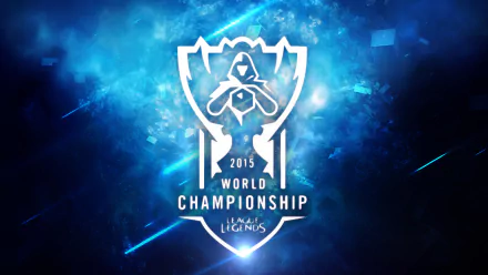 HD PC desktop wallpaper featuring the 2015 League of Legends World Championship logo with a dynamic blue background and glowing effects.