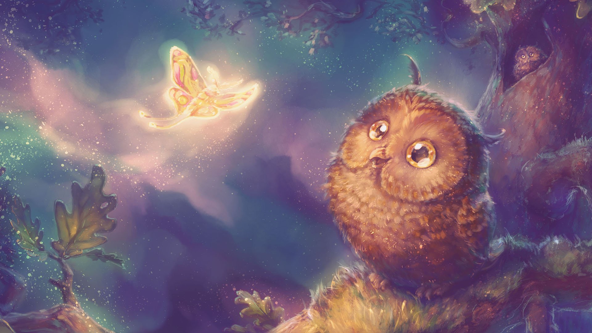 A fantasy-themed HD PC desktop wallpaper featuring a wide-eyed owl gazing at a glowing butterfly in a mystical, colorful forest setting.