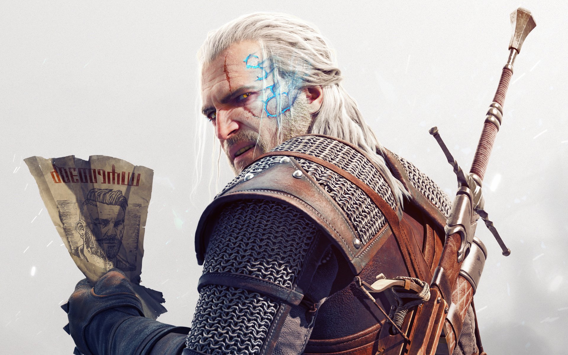 Geralt of Rivia from The Witcher 3: Wild Hunt, depicted in a striking 4K Ultra HD wallpaper, holding a map with his signature silver hair and armor in a fantasy setting.