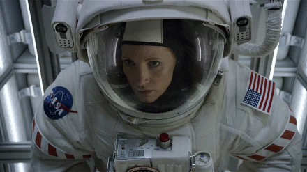 Close-up of a woman in a space suit with NASA and U.S. flag patches, focused expression in a Mars-set sci-fi film scene — HD PC desktop wallpaper