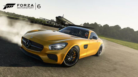 HD PC desktop wallpaper and background from video game Forza Motorsport 6: a yellow Mercedes-AMG GT drifting on a racetrack, tire smoke trailing as a vintage plane flies overhead.