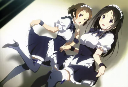 HD wallpaper featuring characters Mayaka Ibara and Eru Chitanda in maid outfits from the anime Hyouka, showcasing their playful expressions and stylish attire.