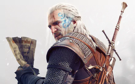 Geralt of Rivia from The Witcher 3: Wild Hunt, depicted in a striking 4K Ultra HD wallpaper, holding a map with his signature silver hair and armor in a fantasy setting.