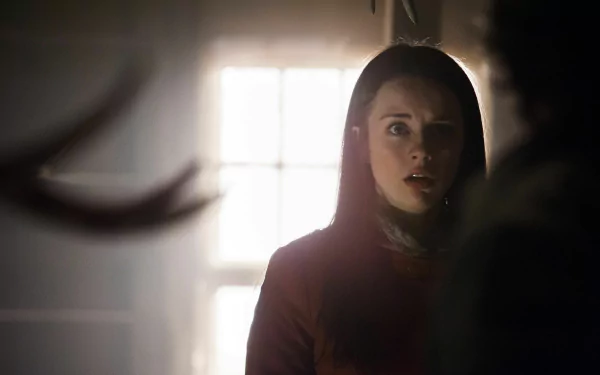 Tense 4K PC wallpaper: a woman in shadow stares toward a backlit window, capturing the dark, suspenseful atmosphere of the TV series Hannibal.