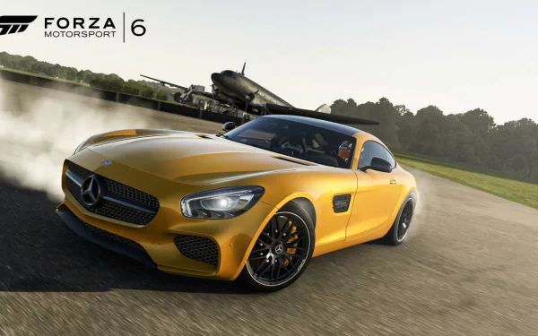 HD PC desktop wallpaper and background from video game Forza Motorsport 6: a yellow Mercedes-AMG GT drifting on a racetrack, tire smoke trailing as a vintage plane flies overhead.