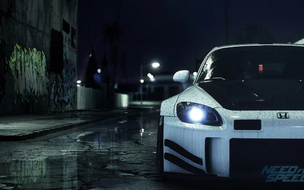 High-definition wallpaper for Need for Speed (2015), featuring a sleek white car with illuminated headlights, set against a moody urban backdrop at night.