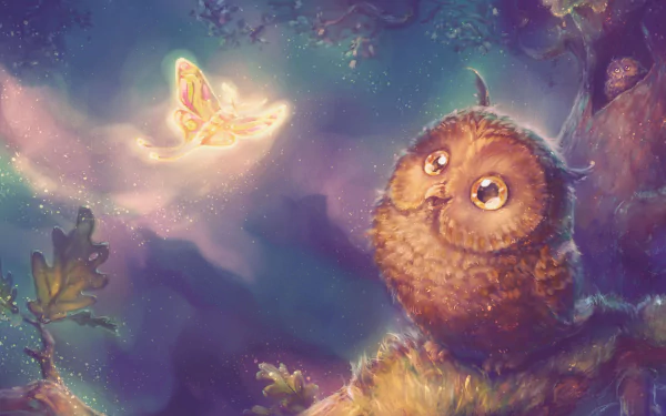 A fantasy-themed HD PC desktop wallpaper featuring a wide-eyed owl gazing at a glowing butterfly in a mystical, colorful forest setting.