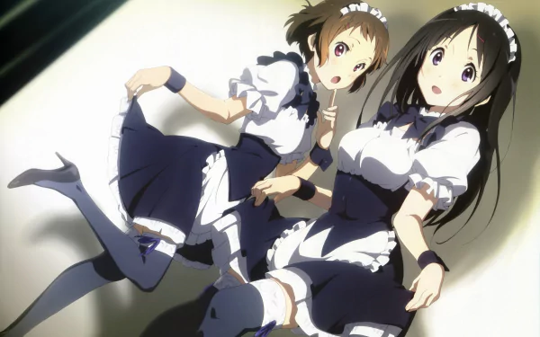 HD wallpaper featuring characters Mayaka Ibara and Eru Chitanda in maid outfits from the anime Hyouka, showcasing their playful expressions and stylish attire.