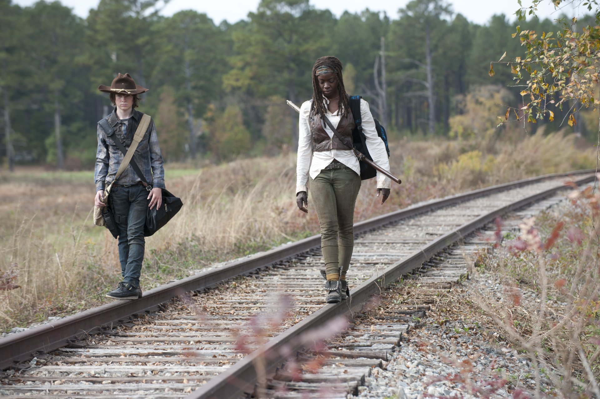 HD desktop wallpaper featuring Carl Grimes and Michonne, characters from the TV show The Walking Dead, walking along a railroad track in a natural setting.