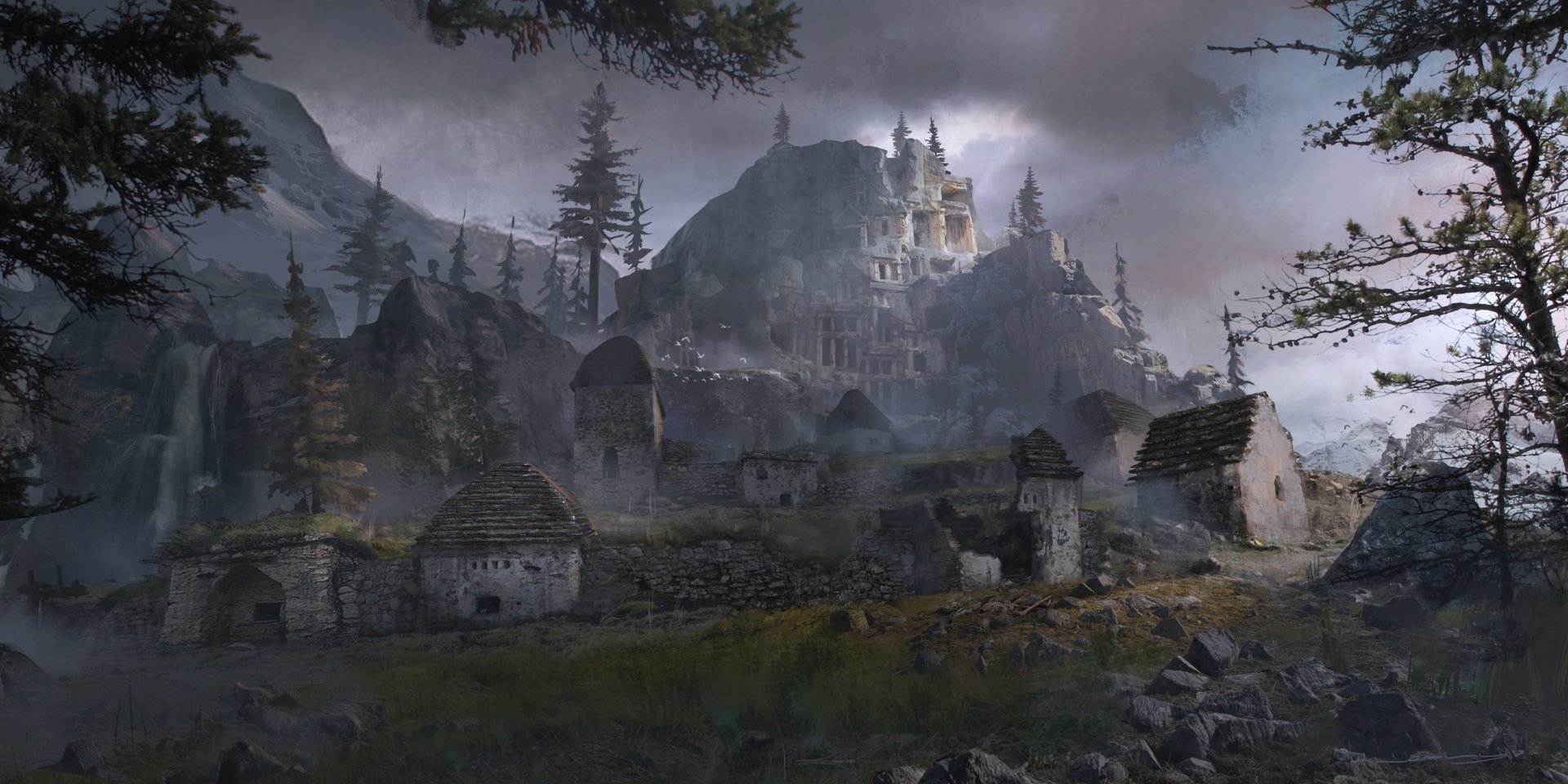 4K Ultra HD desktop wallpaper from the video game Rise of the Tomb Raider, featuring a dark, misty village with stone huts and a towering castle in the background.