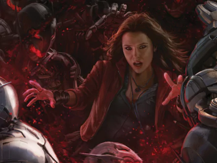 Scarlet Witch, portrayed by Elizabeth Olsen in Avengers: Age of Ultron, commands attention in this dynamic HD desktop wallpaper, showcasing her powerful presence amidst a chaotic backdrop.