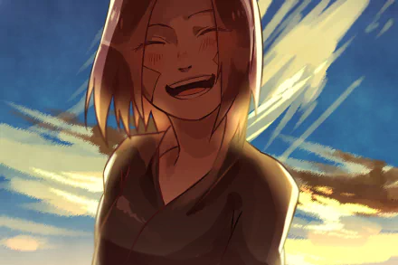 A vibrant HD wallpaper featuring Rin Nohara from the anime Naruto, capturing her joyful expression against a backdrop of dynamic clouds and a colorful sky.