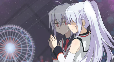 HD desktop wallpaper featuring Isla from the anime Plastic Memories, with her reflection against a starry night background and a softly lit Ferris wheel.