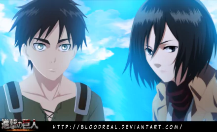 Mikasa Ackerman and Eren Yeager appear together in this HD wallpaper, showcasing iconic characters from the anime Attack on Titan against a vivid blue backdrop.