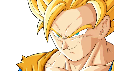 HD desktop wallpaper featuring Goku in his Super Saiyan 2 form from the anime Dragon Ball Z, showcasing his intense expression and spiky, golden hair against a white background.