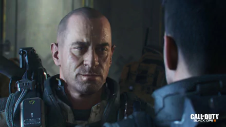 HD desktop wallpaper of Call of Duty: Black Ops III featuring two male characters, one bald and one with dark hair, in military gear, intensely facing each other.