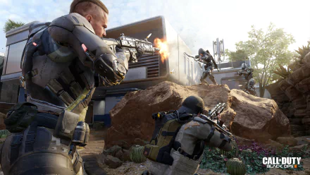 A high-definition desktop wallpaper featuring soldiers engaged in intense combat from the video game Call of Duty: Black Ops III. The action scene includes futuristic weaponry and a modern battlefield environment.