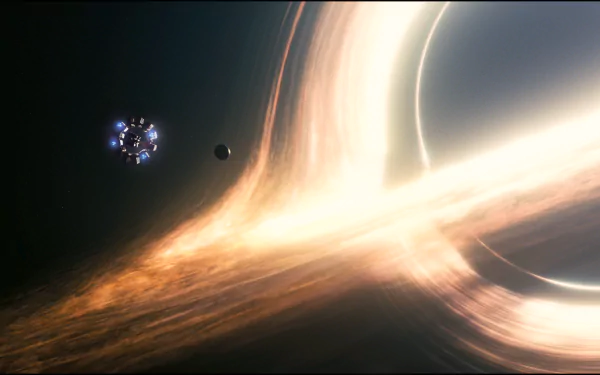 HD desktop wallpaper from the movie Interstellar featuring a vivid depiction of a black hole, showcasing stunning cosmic visuals and bright, swirling light.
