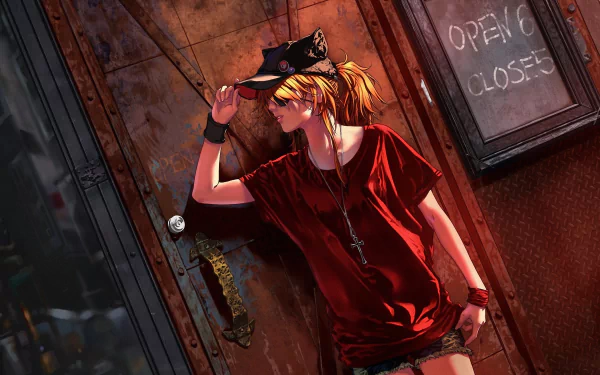 Asuka Langley Sohryu from Evangelion: 3.0 You Can (Not) Redo poses confidently in a red shirt and hat, set against a textured backdrop with an open/closed sign, creating a striking fantasy atmosphere.