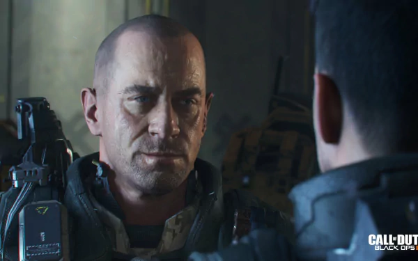 HD desktop wallpaper of Call of Duty: Black Ops III featuring two male characters, one bald and one with dark hair, in military gear, intensely facing each other.