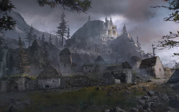 4K Ultra HD desktop wallpaper from the video game Rise of the Tomb Raider, featuring a dark, misty village with stone huts and a towering castle in the background.