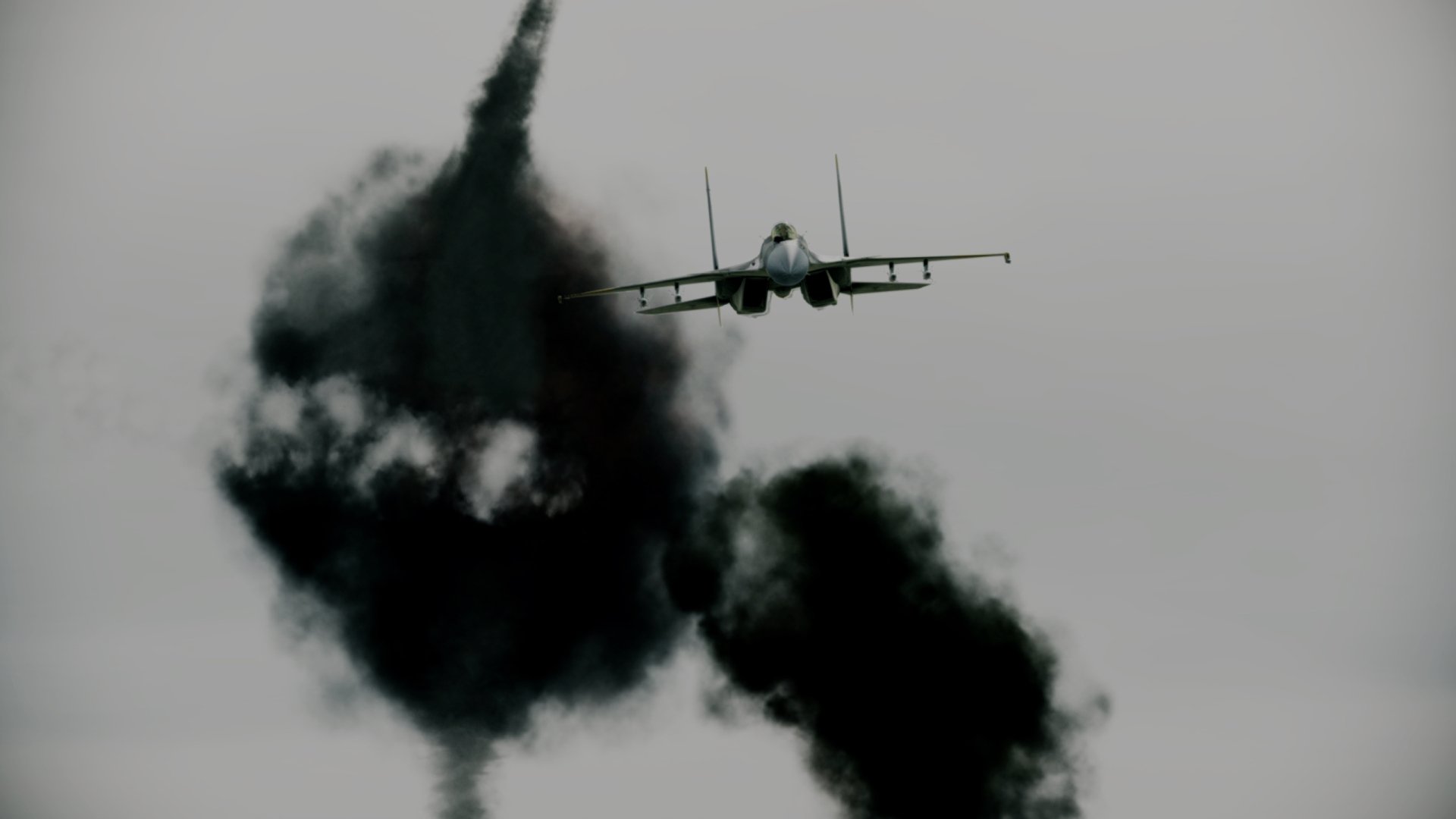 Ace Combat: Assault Horizon video game 2K Quad HD PC desktop wallpaper/background — fighter jet flying through thick black smoke against a gray sky.