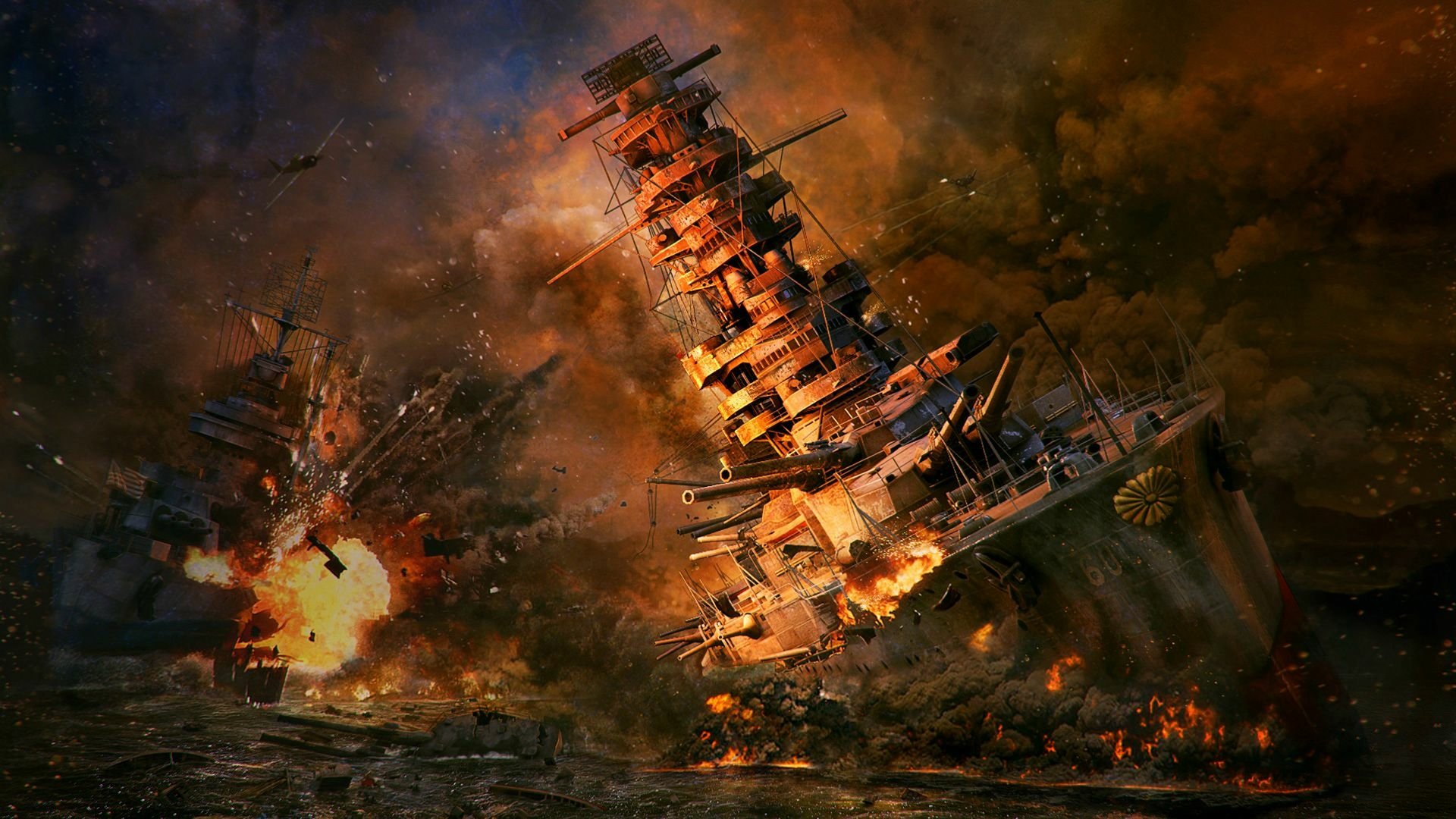 HD wallpaper featuring a dramatic scene from the video game World of Warships, showcasing intense naval warfare with ships engulfed in flames and explosions.